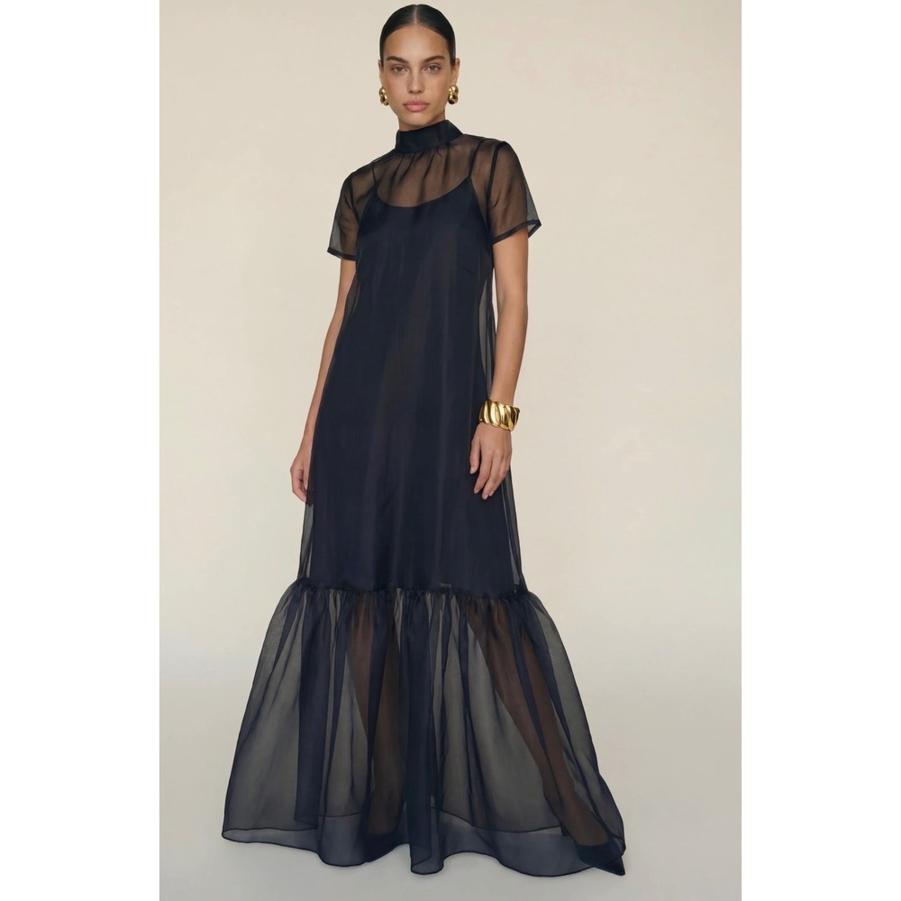 Few Moda CAARA Black Sheer Organza Tiered Maxi Dress with Slip Set Size M
